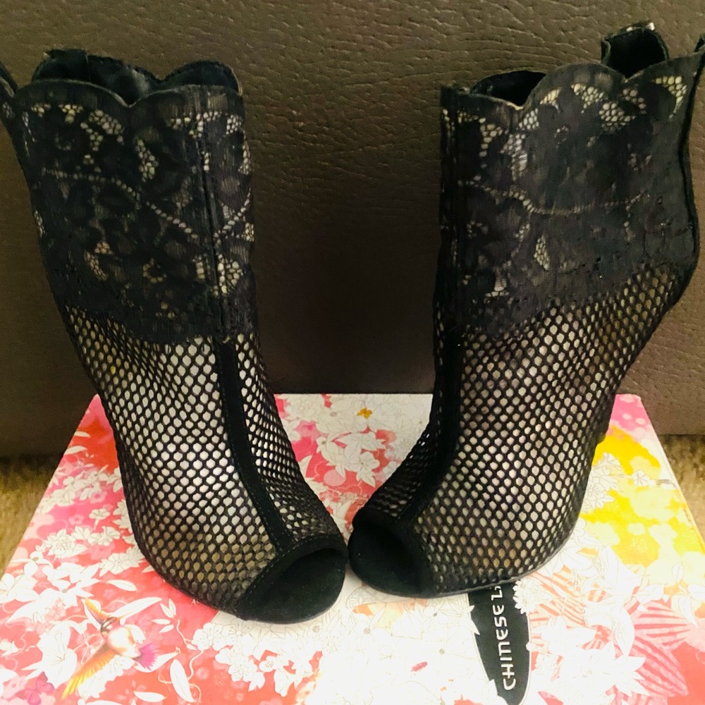 Chinese Laundry Black Lace Mesh Heeled Boots